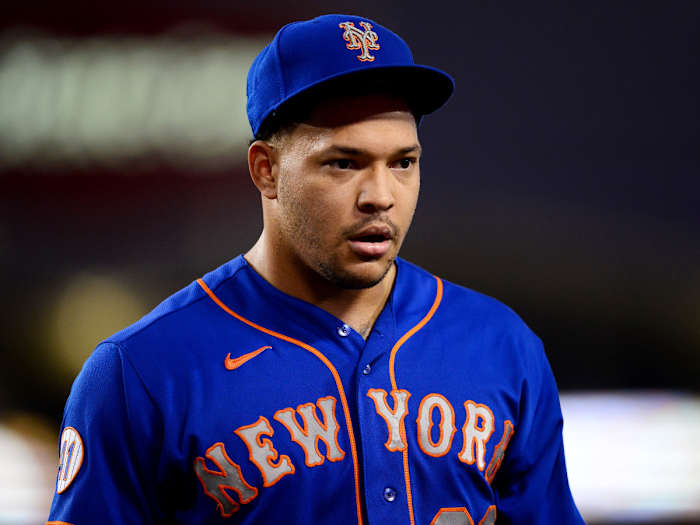 Aug 19, 2021; Los Angeles, California, USA; New York Mets starting pitcher Taijuan Walker (99) against the Los Angeles Dodgers during the second inning at Dodger Stadium.